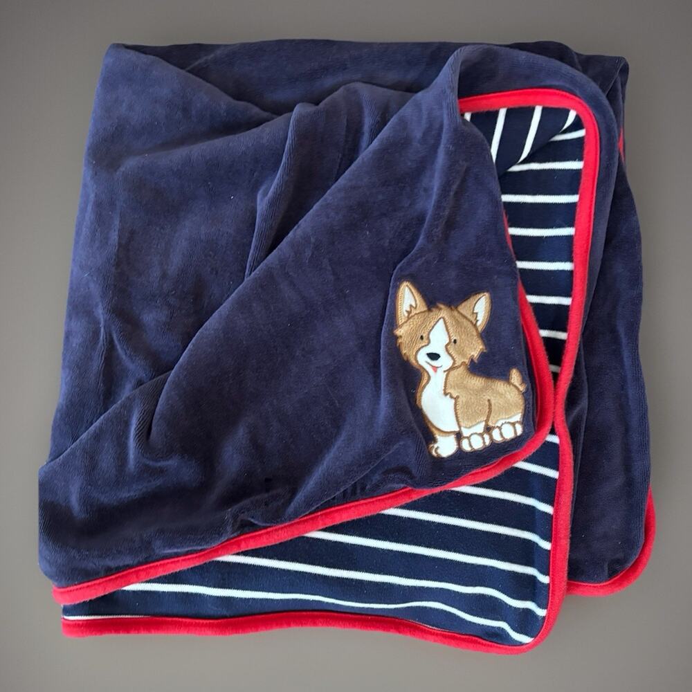Gymboree Baby Blanket CORGI Puppy Dog Cotton Velour Reversible Stripe 2016 Blue